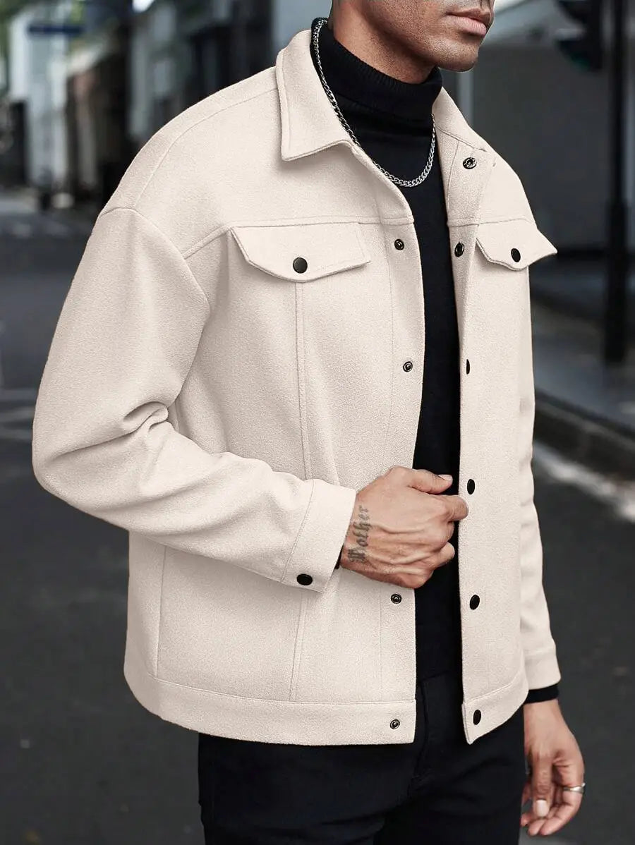 Men’s classic slim fit wool blend lapel jacket in cream color with black buttons and a classic collar.