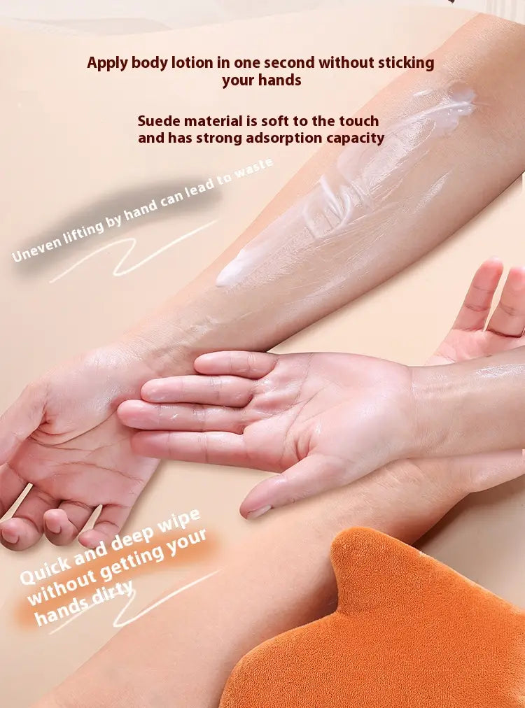 orange suede body lotion applicator mitt in a tanning mitt and exfoliating bath glove set displayed from the back.