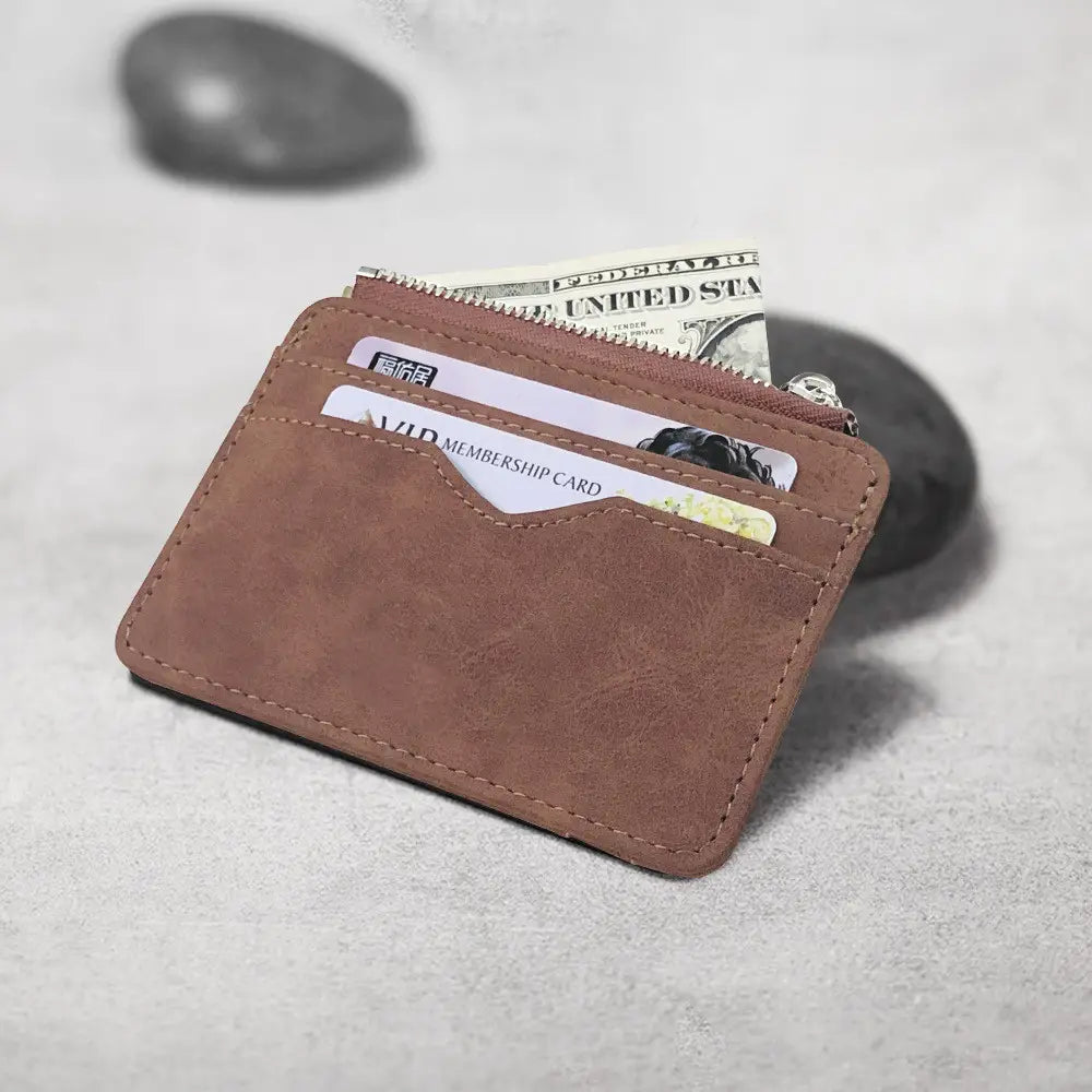 brown pu leather zippered card holder wallet for men with multiple card slots and zipper closure