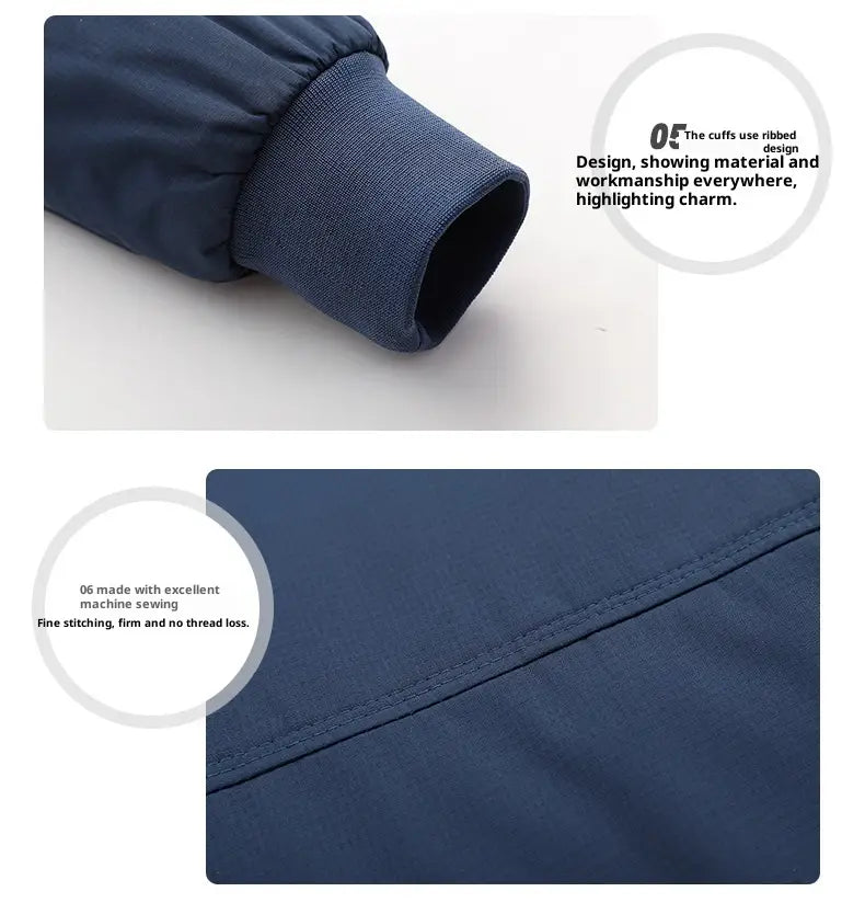 Poignet côtelé bleu marine avec surpiqûres fines par machine sur une veste bombardier légère pour homme à fermeture éclair et doublure à carreaux.