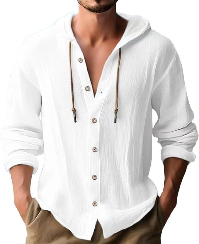 Camisa de cárdigan con capucha ligera para hombre en blanco, con ajuste relajado y textura sutil.