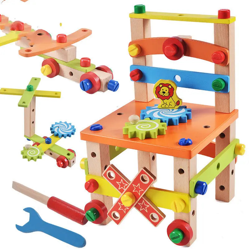 Conjunto de juguete de construcción con silla de bloques de madera colorida, que presenta ruedas dentadas y herramientas en un diseño de taller.