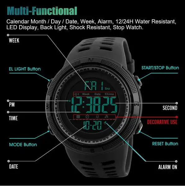 Skmei men’s military sport waterproof digital chronograph watch features a black digital display with bold green led time and date indicators and a rugged perforated rubber strap.
