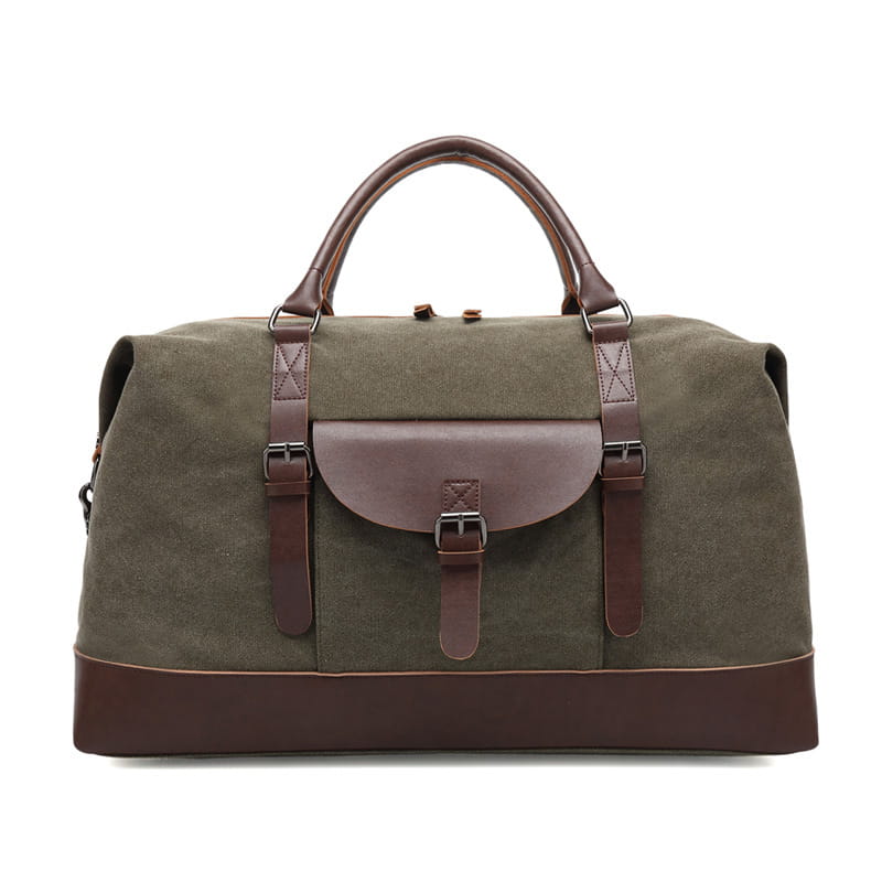 Olive green canvas duffel bag with brown leather handles straps and trim designed as a large travel handbag.