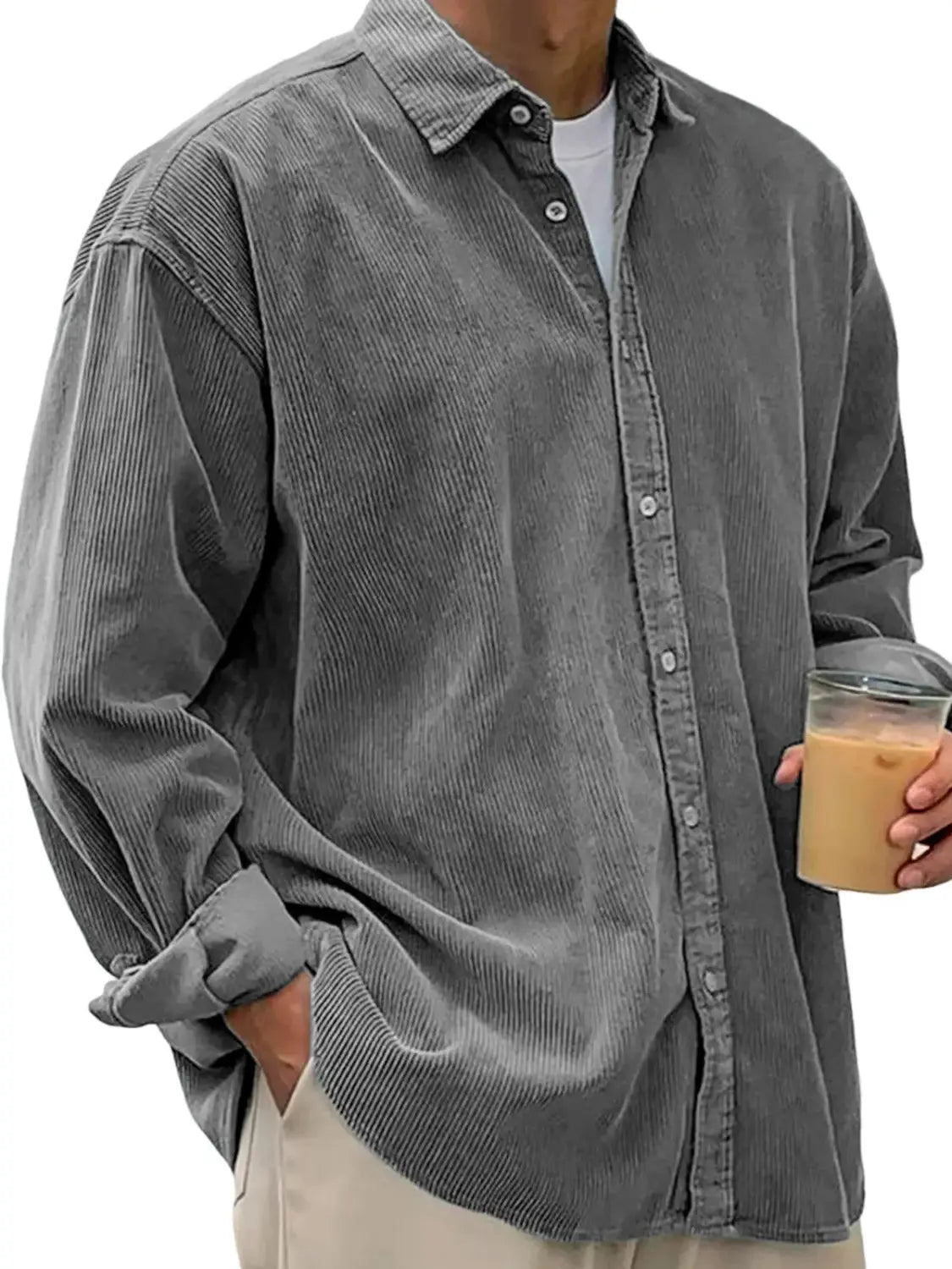 Men’s relaxed fit corduroy shirt jacket in gray with button-up front and rolled cuffs featuring a casual, comfortable style.