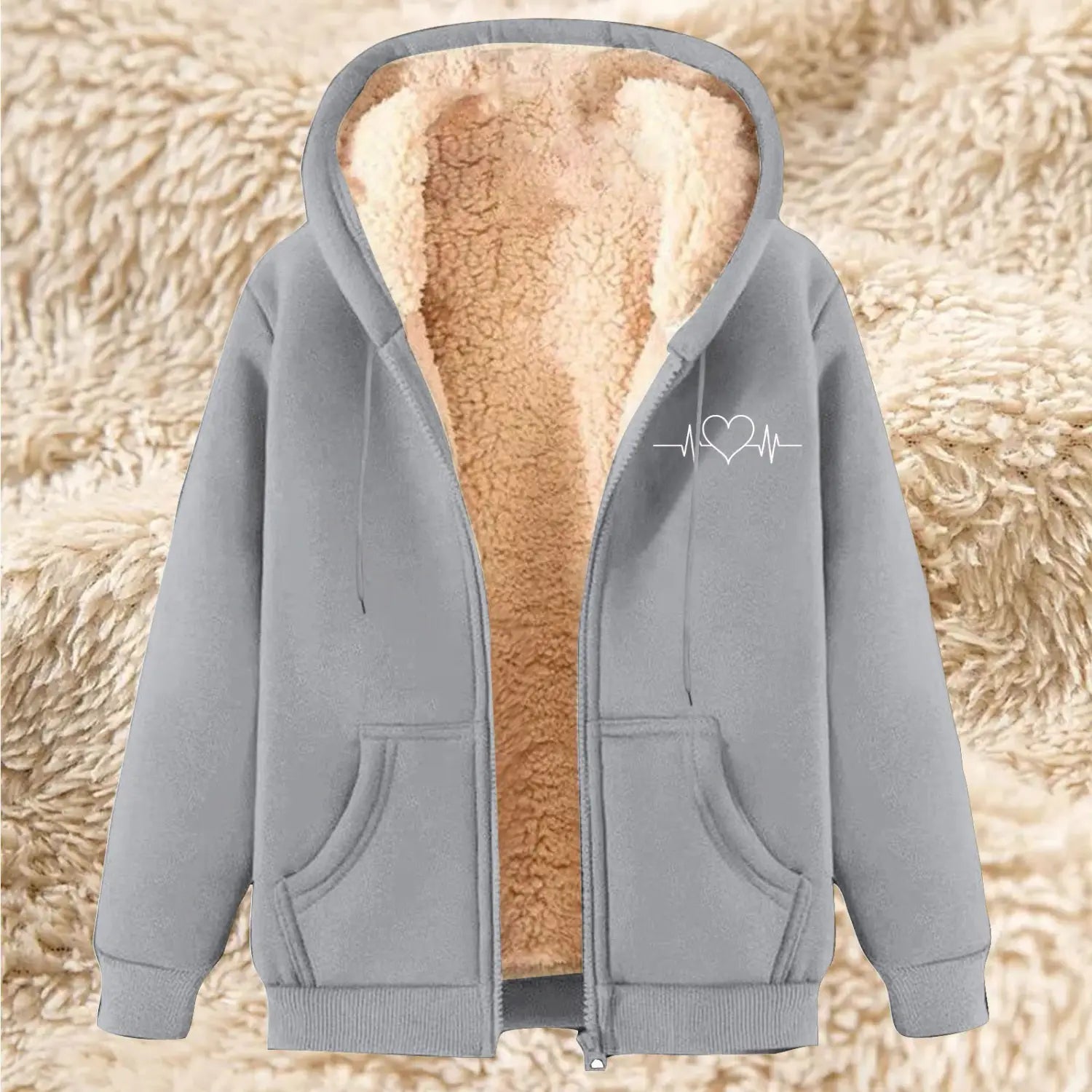 Men’s gray zip-up hoodie with plush tan sherpa fleece lining and white heart-shaped heartbeat design on the left chest for winter warmth.