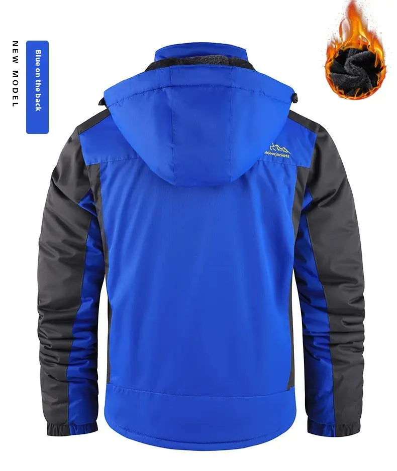 Herren-Fleece-gefütterte Winterjacke, dicker Baumwollmantel, in Blau und Schwarz im Zweifarben-Look mit wattiertem, wasserdichtem Design und Kapuze für Wärme.