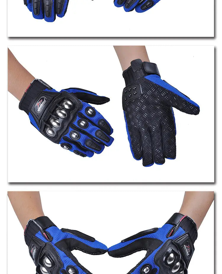 blue and black alloy knuckle motorcycle riding gloves unisex showing the back side with silver protective studs on the knuckles