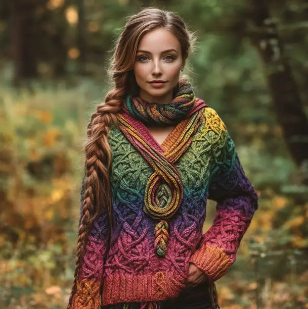 Un pull Halloween à col en V pour femmes, vibrant, tricoté à la main, avec impression numérique 3D, présentant un motif dégradé arc-en-ciel et une conception en torsades complexes.