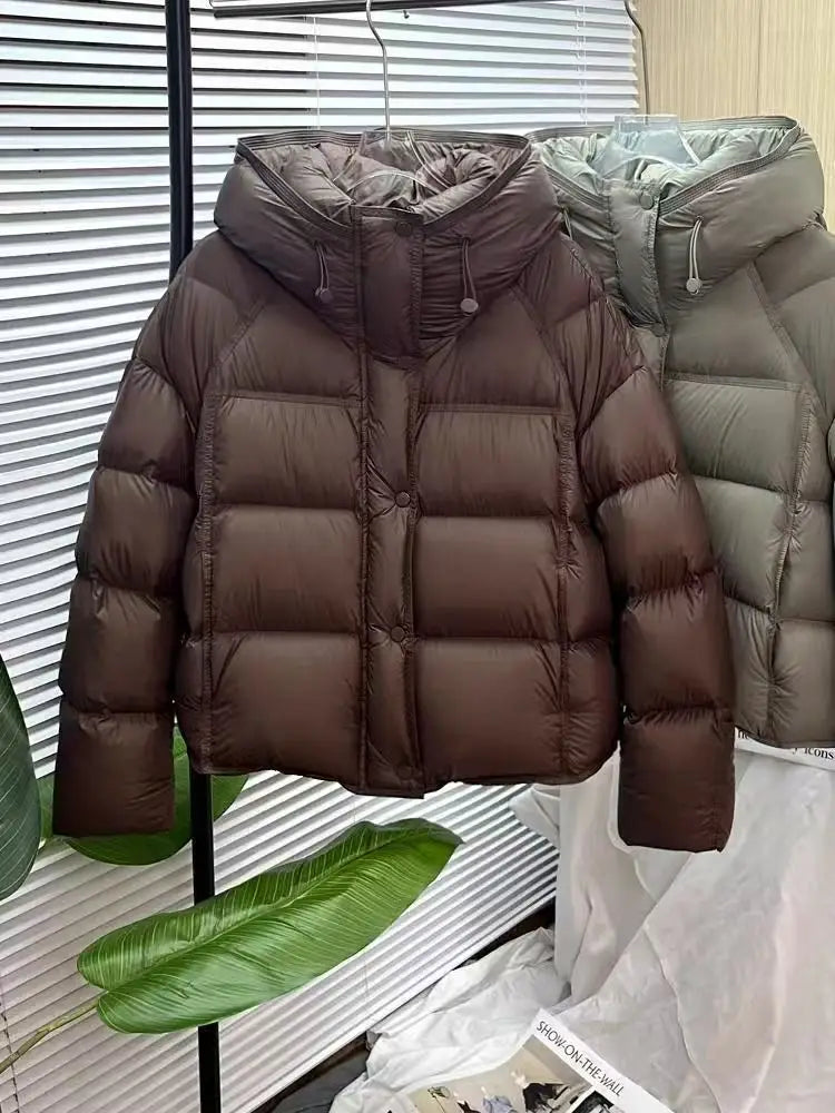 brown puffer jacket loose hooded winter coat with quilted design and hood suitable for cold weather.