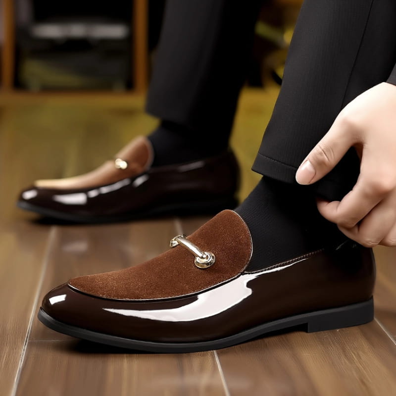 Men’s plus size brown leather loafer with suede toe cap and polished metal horsebit for British business wear.
