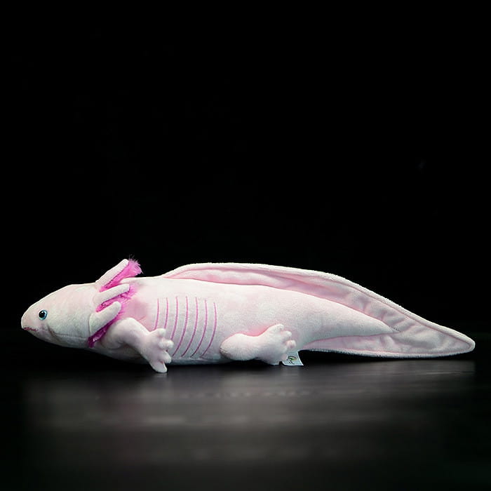 Axolotl-Plüschtier als weiche sechseckige Dinosaurier-Puppe, 50 cm, mit weichem weißem Fell, rosa Kiemen sowie Flossen-Details und angenähten Rippen entlang des Körpers.