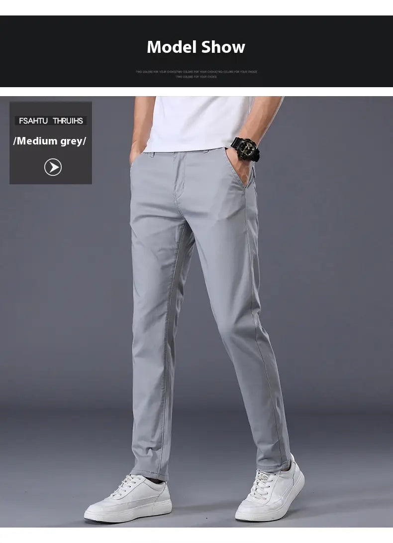 Herren-Chinohosen aus elastischer Baumwolle im Mittelgrau, Slim Fit, mit modernem Schnitt und geradem Beindesign.