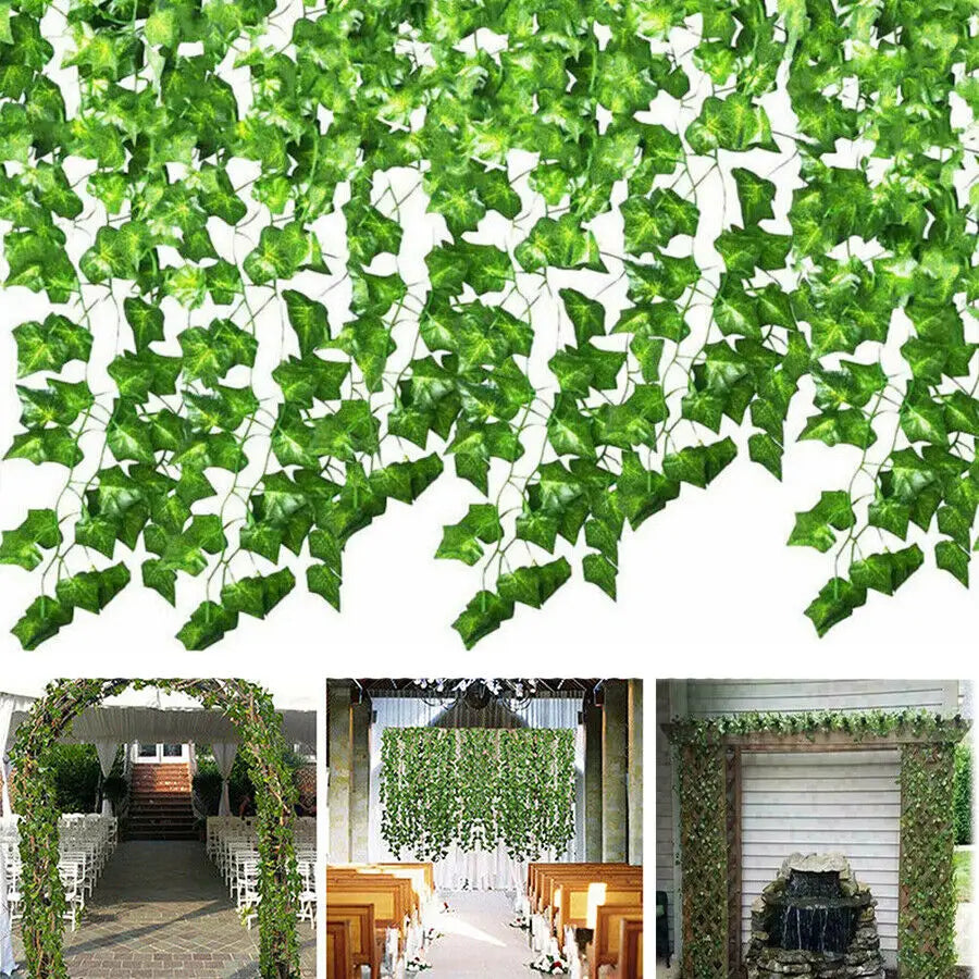 装飾用途のための、人工のつる植物を用いた緑色の人工アイビーガーランド。長さは2メートル。