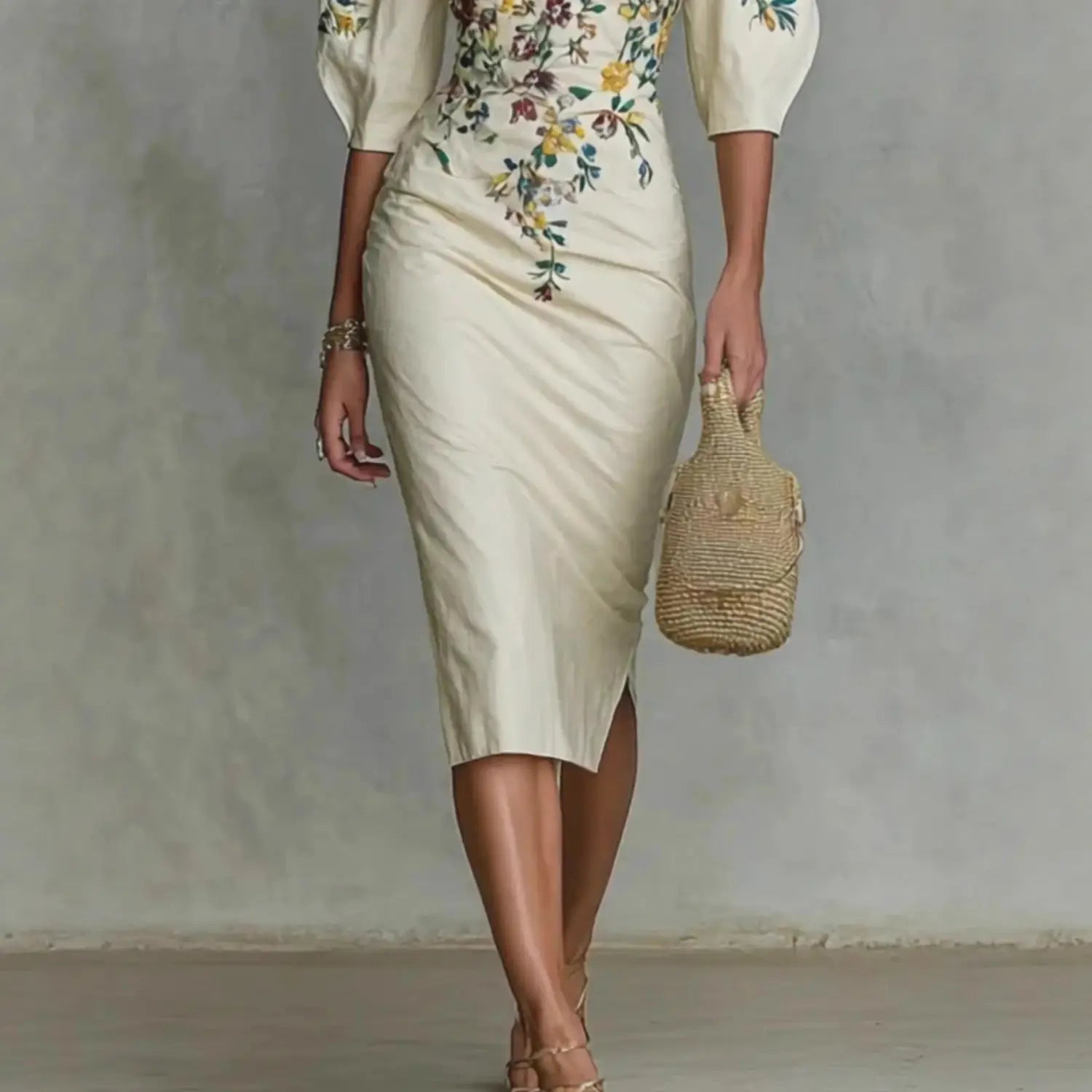 Cream-colored midi dress with intricate floral embroidery along the bodice and three-quarter puff sleeves featuring an off shoulder design.