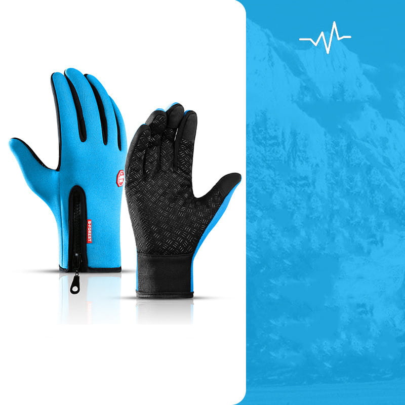 Blue and black windproof touchscreen winter gloves for men and women with insulated material, textured grip palms, and zipper closure at the wrist.