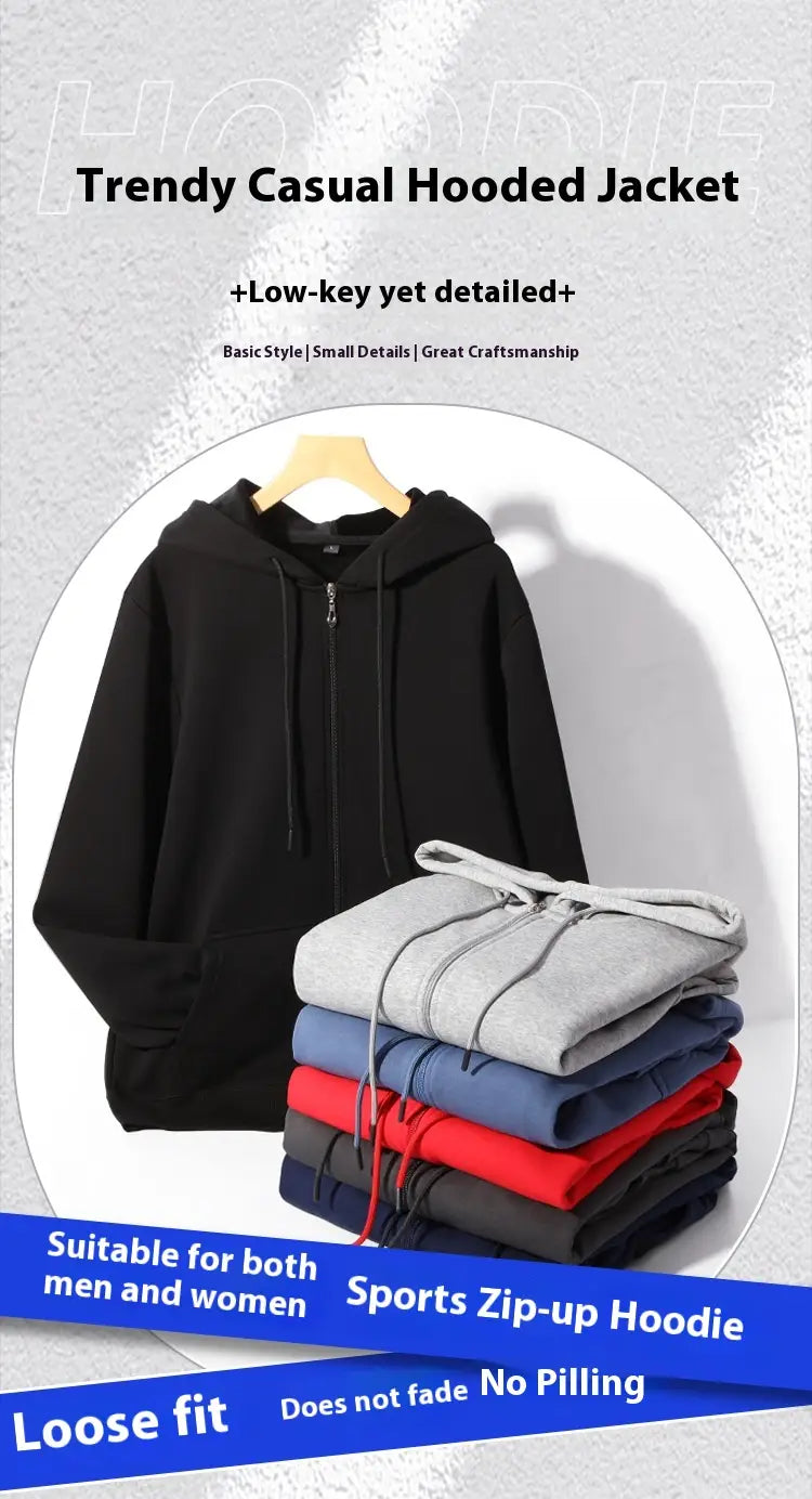 Herren-Schwergewichts-Fleece-Zip-Hoodie in Übergröße in Schwarz mit entspannter Passform und Kapuze mit Kordelzug, neben gefalteten Stapeln passender Hoodies in Grau, Blau, Rot und Dunkel-Navy präsentiert.
