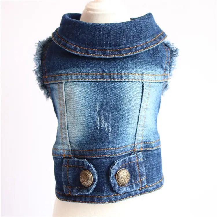 Blue denim dog vest with frayed edges and two metallic buttons from the denim dog jacket strawberry embroidery puppy vest collection.