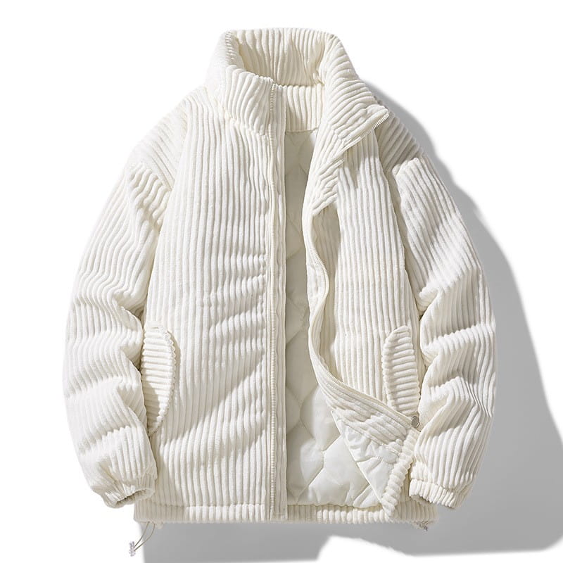 Cream-colored corduroy puffer jacket for couples featuring a ribbed texture and quilted interior.