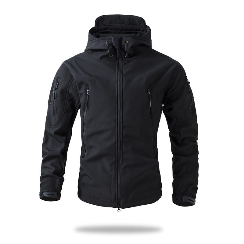 Men’s waterproof tactical fleece soft shell jacket in black featuring a hood and zippered pockets on the chest and arms.