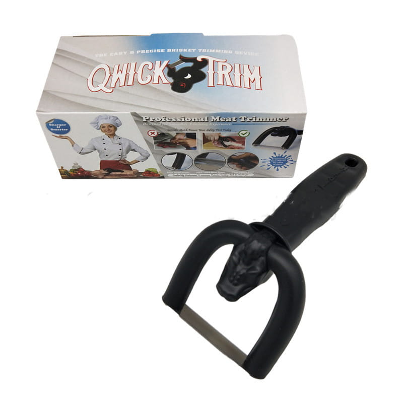 Professioneller Fleischtrimmer mit schwarzem Kunststoffgriff, gebogener Edelstahlklinge und Pferdekopf-Totenkopf-Design für präzises Schneiden.