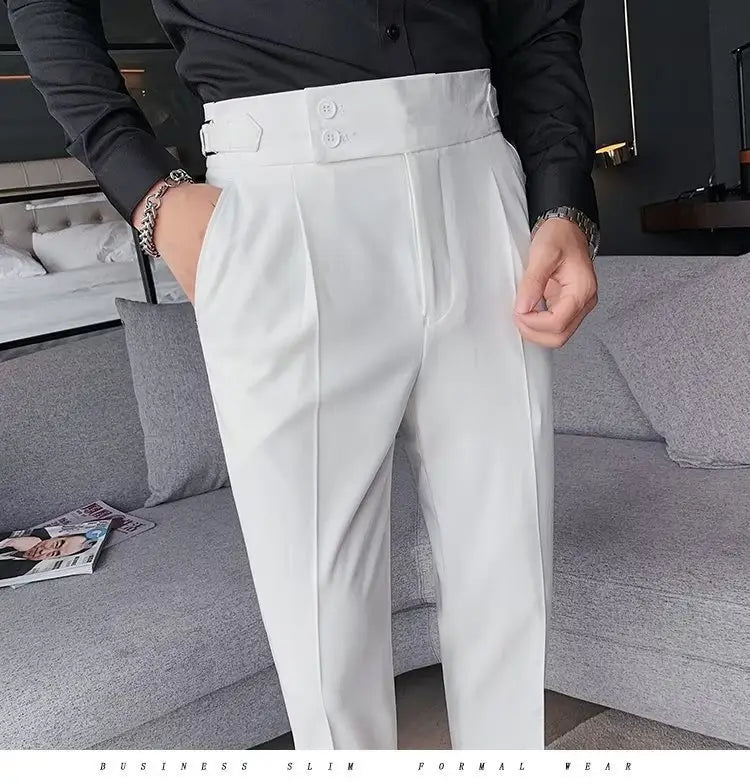 White slim-fit formal trousers with a high waist and double-button closure in Korean style slim fit men trousers.