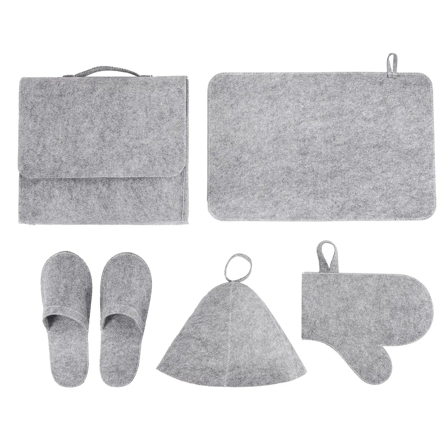 Ensemble de voyage en feutre gris comprenant une mallette, un tapis pour pantoufles, un chapeau, et un gant de cuisine, conçu pour l’usage en sauna, avec un bonnet de transpiration blanc et des couvre-chevures pour le bain