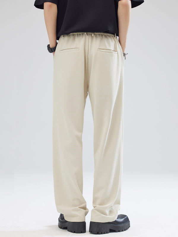 Pantalon pour hommes à plis, coupe ample à jambes larges et ajustement décontracté, couleur beige, présenté de dos, avec une ceinture élastique et des poches arrière.