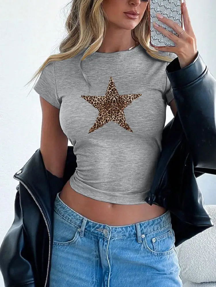 Gray slim fit short sleeve crop top featuring a prominent leopard-print star design on the chest.