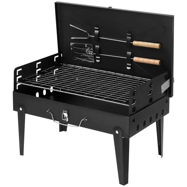 Black portable charcoal grill 44cm folding square bbq steel with wooden-handled tools stored inside the lid.