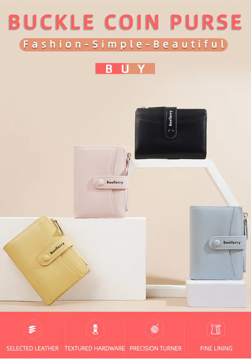 Cartera pequeña con cierre tipo broche de cuero negro, con herrajes texturizados y diseño minimalista y elegante, de la colección de carteras cortas de cuero PU Baellerry para mujer