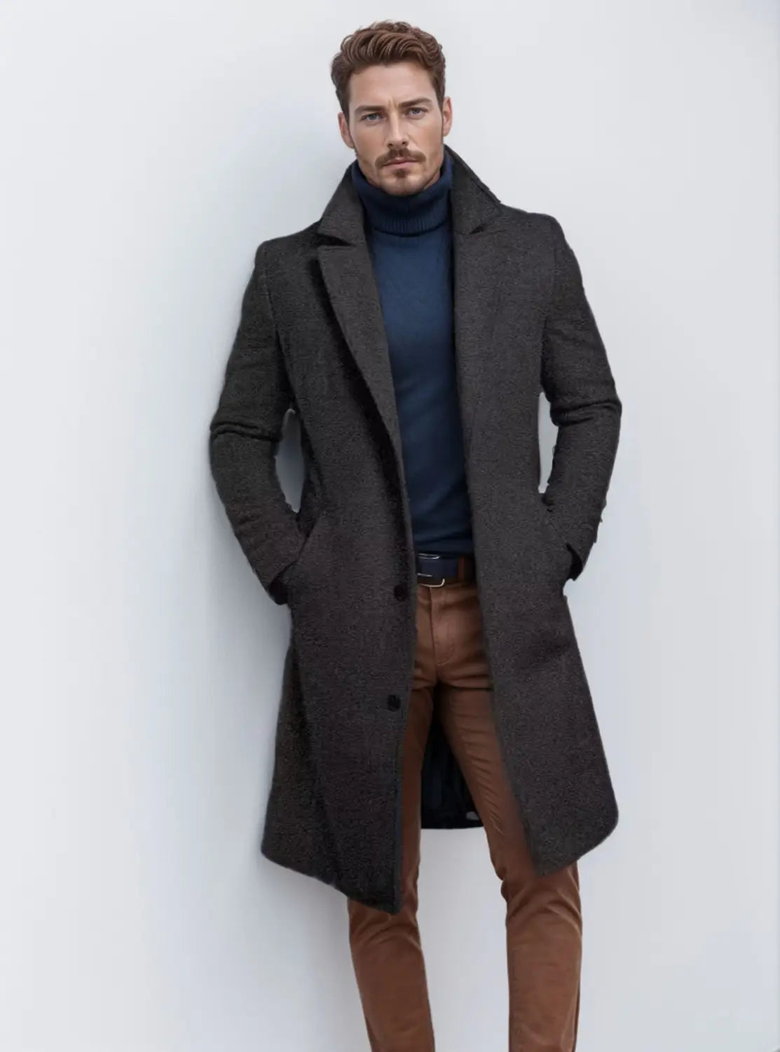 Men’s woolen trench coat dark gray business overcoat featuring a dark gray wool overcoat with a classic double-breasted design and notched lapels.