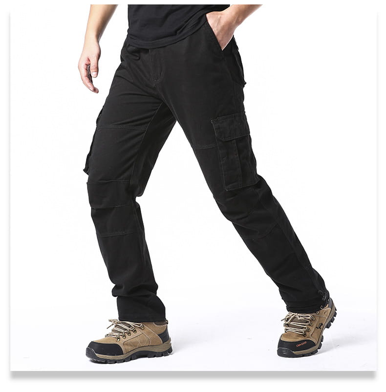 Pantalones cargo de algodón para hombre color negro, con múltiples bolsillos y cintura con cordón ajustable.