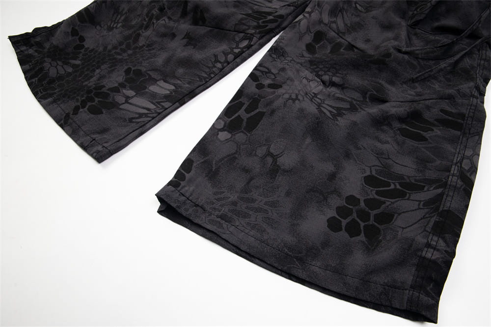 Black tactical shorts with a dark gray camouflage pattern, reinforced stitching, and durable fabric finish displayed as camouflage cargo pants wide leg tactical trousers.