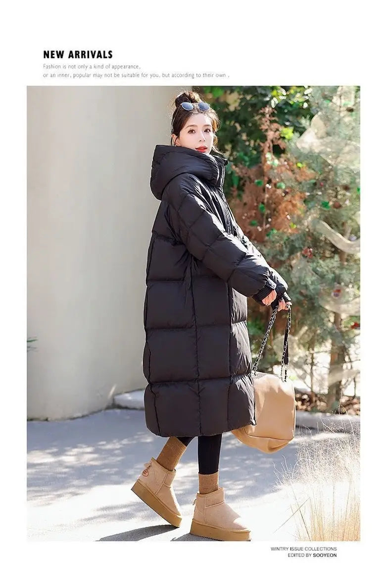 black quilted long hooded puffer coat for women designed with a warm insulated material for cold weather.