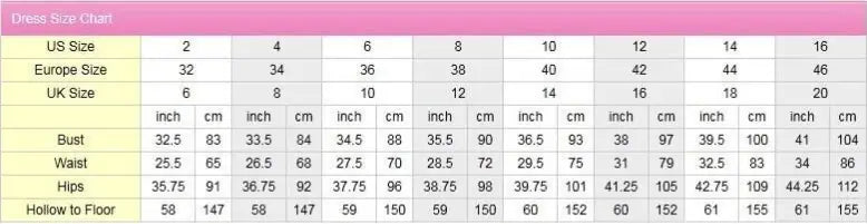 Pink and white dress size chart with measurements in inches, centimeters, US, Europe, and UK sizes for a long sleeve v neck lace back ivory wedding dress.