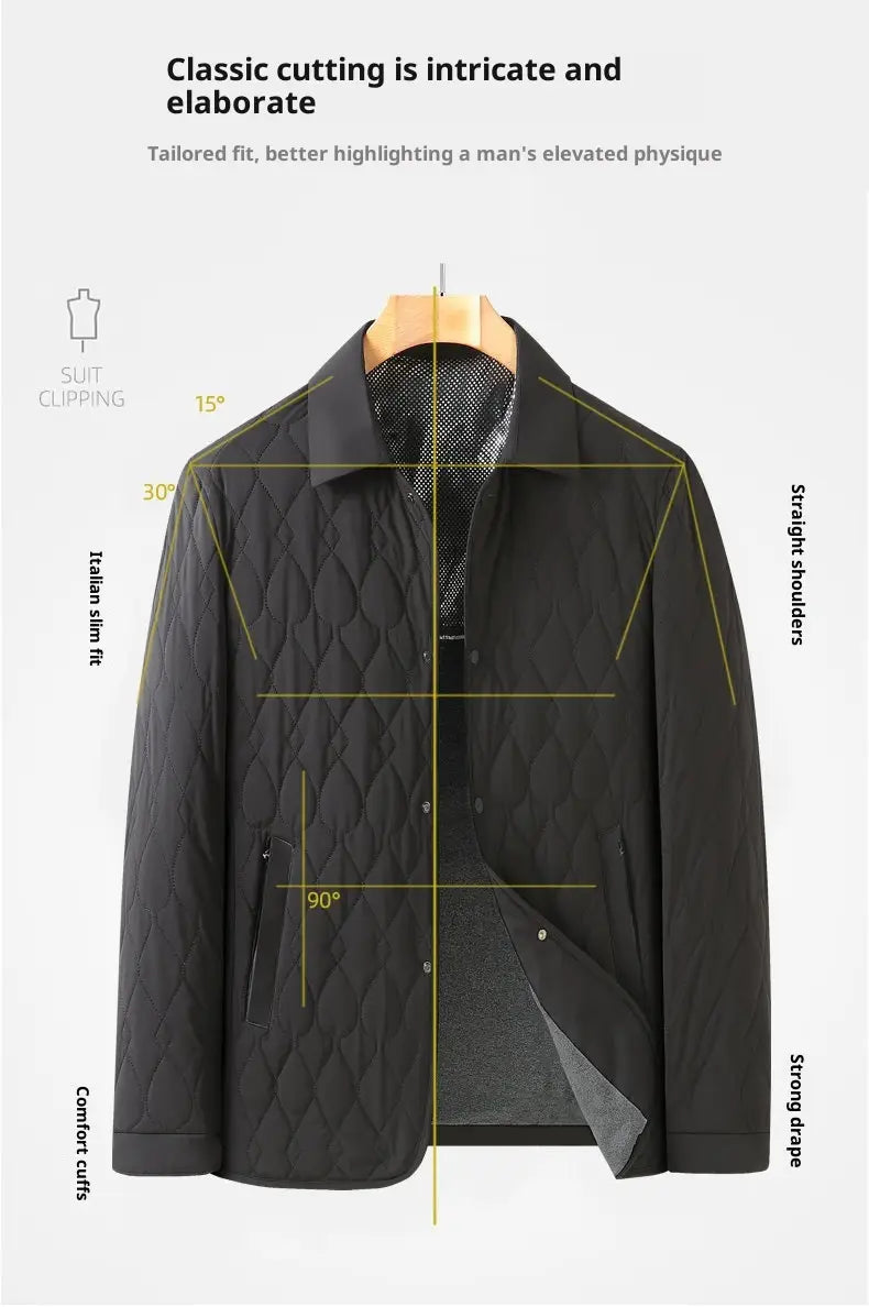Schwarzer Herren-Blazer aus gestepptem Stoff mit strukturierter, maßgeschneiderter Passform und dezentem Diamantsteppstich, entworfen als leichte Businessjacke im Diamantgitter-Design.