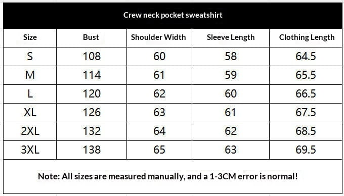Schulterfreier Taschen-Sweater im Rundhalsausschnitt-Stil mit Größenangaben von S bis 3XL, dargestellt auf beigem Stoff.