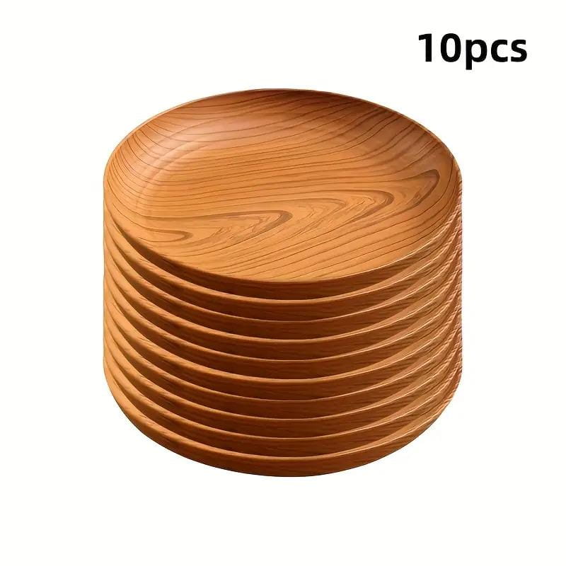 Stack of ten round wood grain plastic plates with a warm natural striped design finish.
