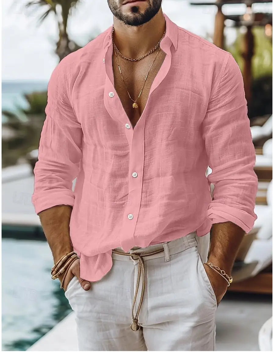 A light pink men’s cotton long sleeve casual button down shirt made of lightweight fabric with subtle texture.
