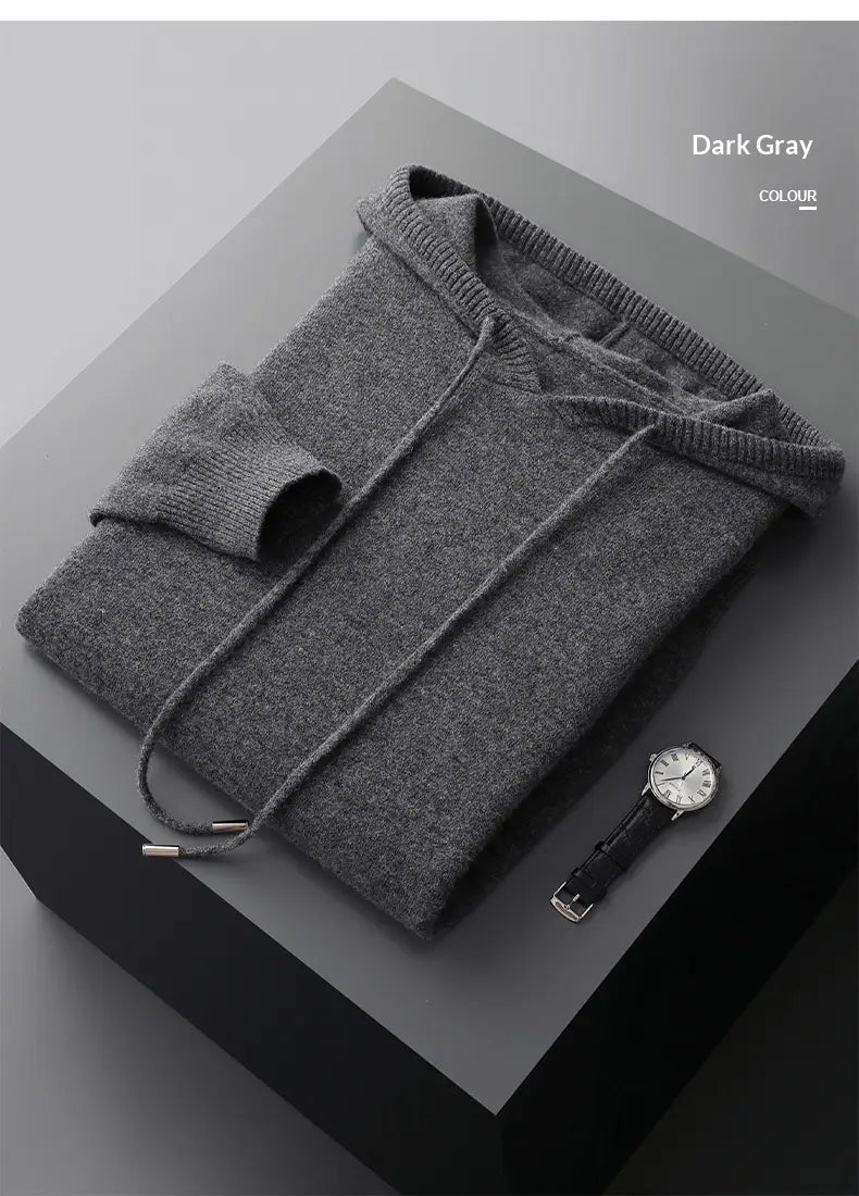 Sudadera con capucha de cachemir para hombre en punto gris oscuro, con puños y bajo acanalados, y gorra con cordón, para un uso de jersey holgado de invierno.