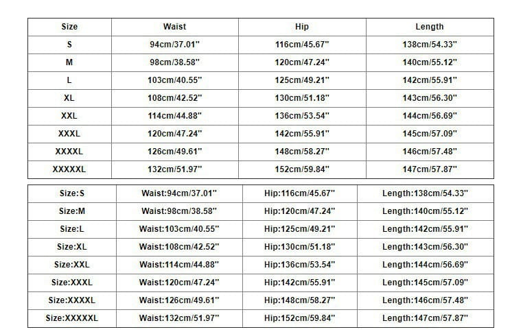 A detailed size chart in centimeters and inches for suspender pants 3d printed button casual trousers displaying measurements from S to XXXXXL.
