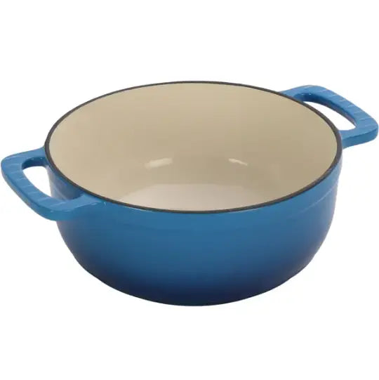 Blue enameled cast iron 6qt dutch oven with cream-colored interior and black rim shown with silicone gloves.