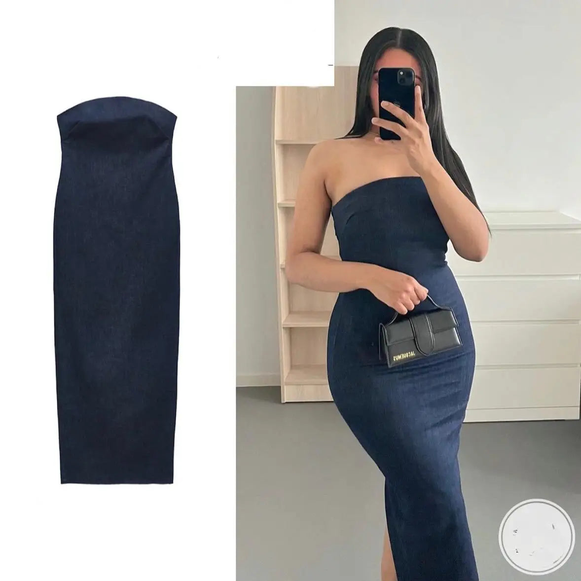 navy blue strapless bodycon dress with a smooth form-fitting silhouette made of velvet perfect for formal occasions