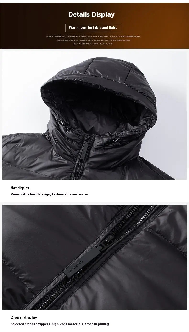 Chaqueta acolchada tipo puffer de oro negro en negro, con capucha desmontable y cierre de cremallera suave.