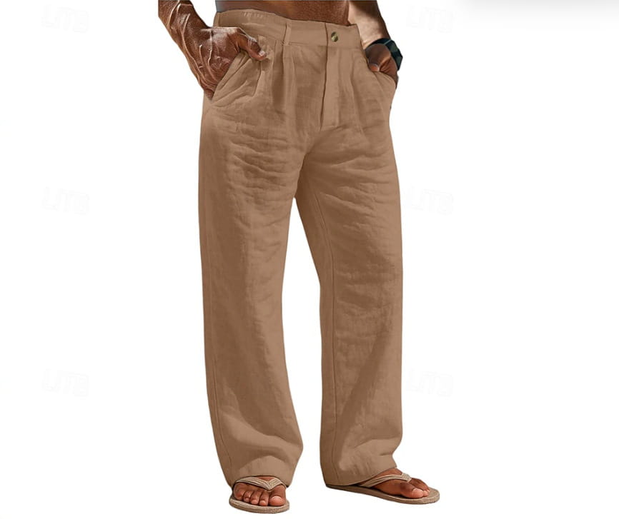 Pantalones de algodón y lino color beige para hombre con ajuste relajado, con corte de pierna ancha y bolsillos delanteros.