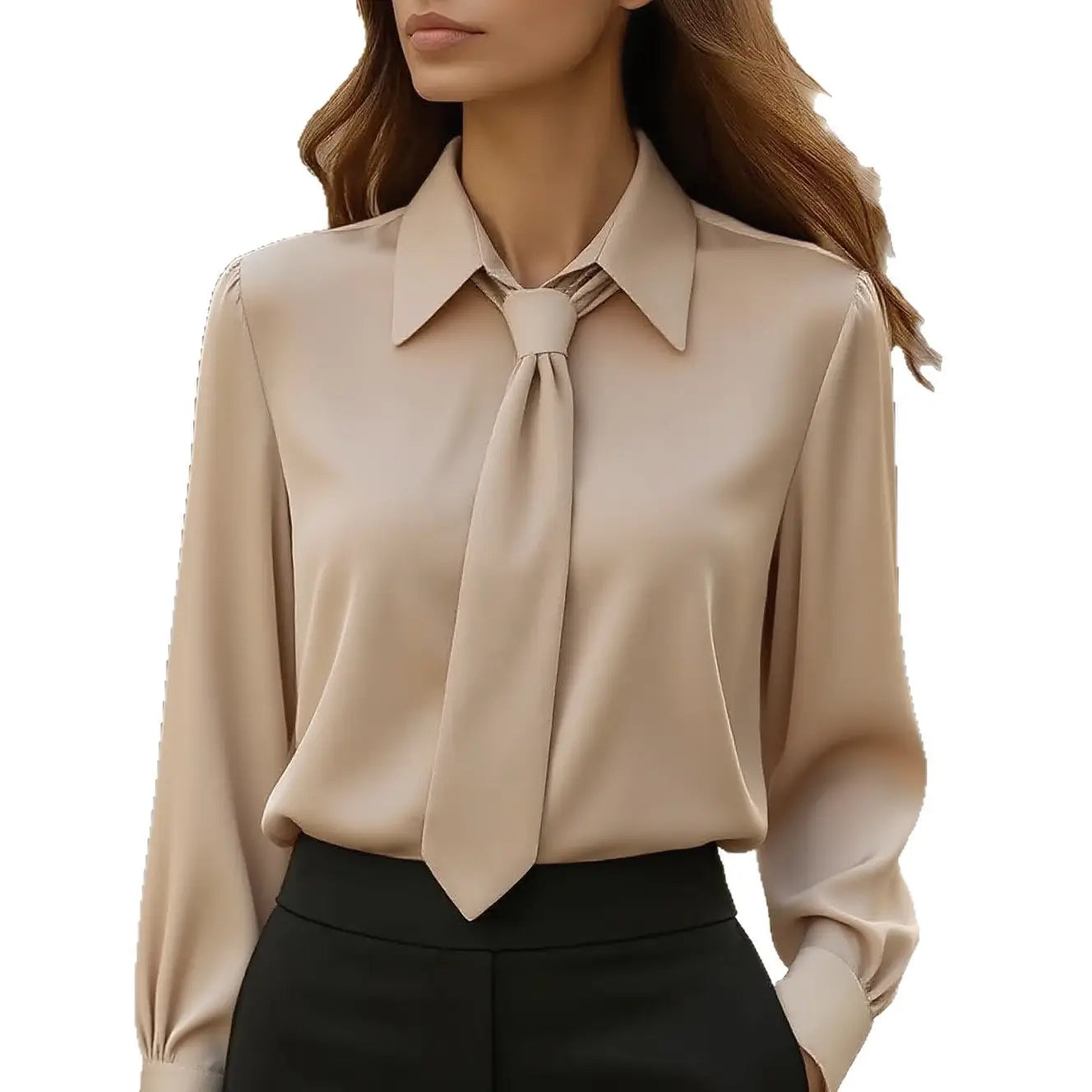 Camisa de satén color beige con cuello tipo lazo y manga larga, con cuello clásico y detalle de lazo anudado en el cuello.