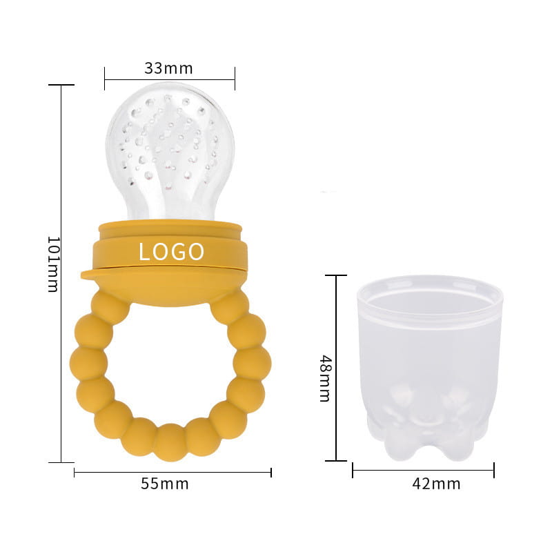 Gelbes Silikon-Baby-Obstfüttergerät, Teether- und Schnuller-Set mit transparentem, strukturiertem Obst-förmigem Deckel und einem Perlenring zur Beruhigung beim Zahnen.