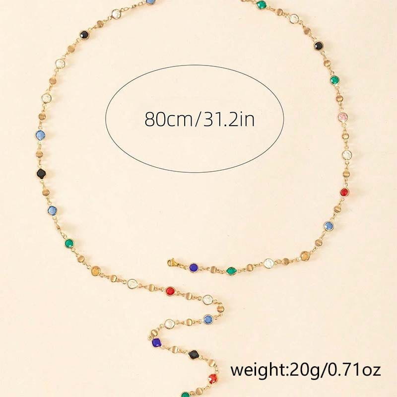 Multicolor crystal geometric gold pendant necklace featuring an 80cm delicate chain with colorful faceted gemstone beads in green, blue, red, and black on gold-toned metal links.