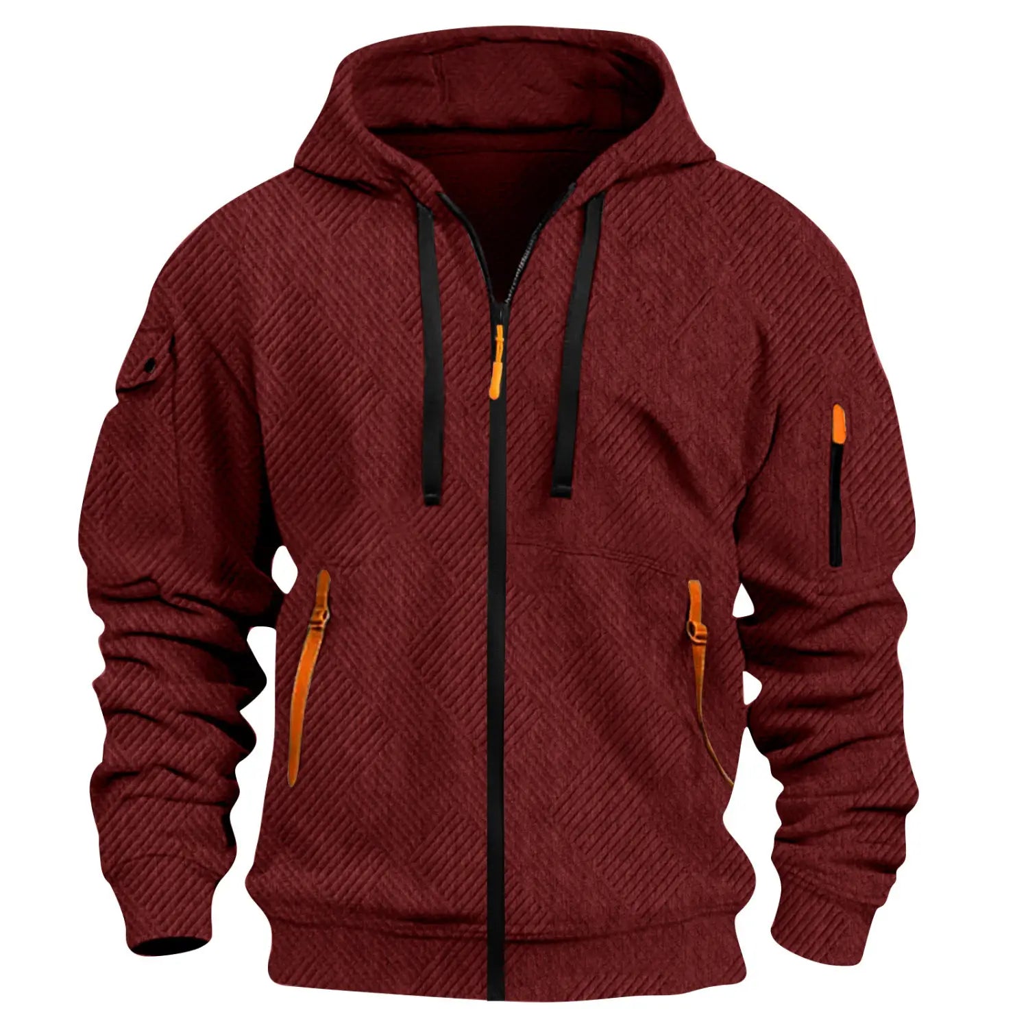 Men’s textured sporty zip hoodie in maroon with a diagonal weave pattern, featuring a black zipper and drawstrings with orange pull tabs.